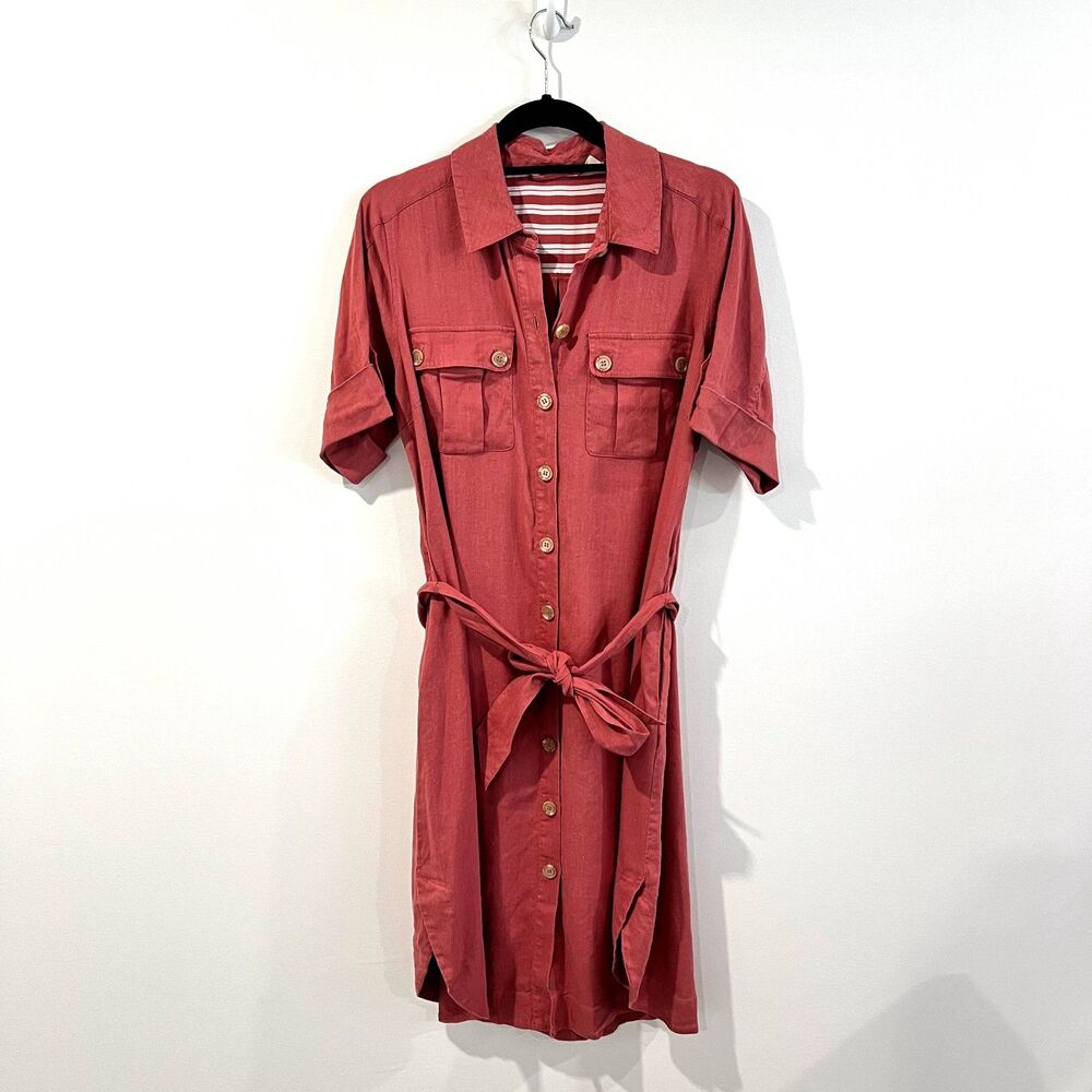 Soft Surroundings Linen Blend Button Down Fontana Belted Midi Dress